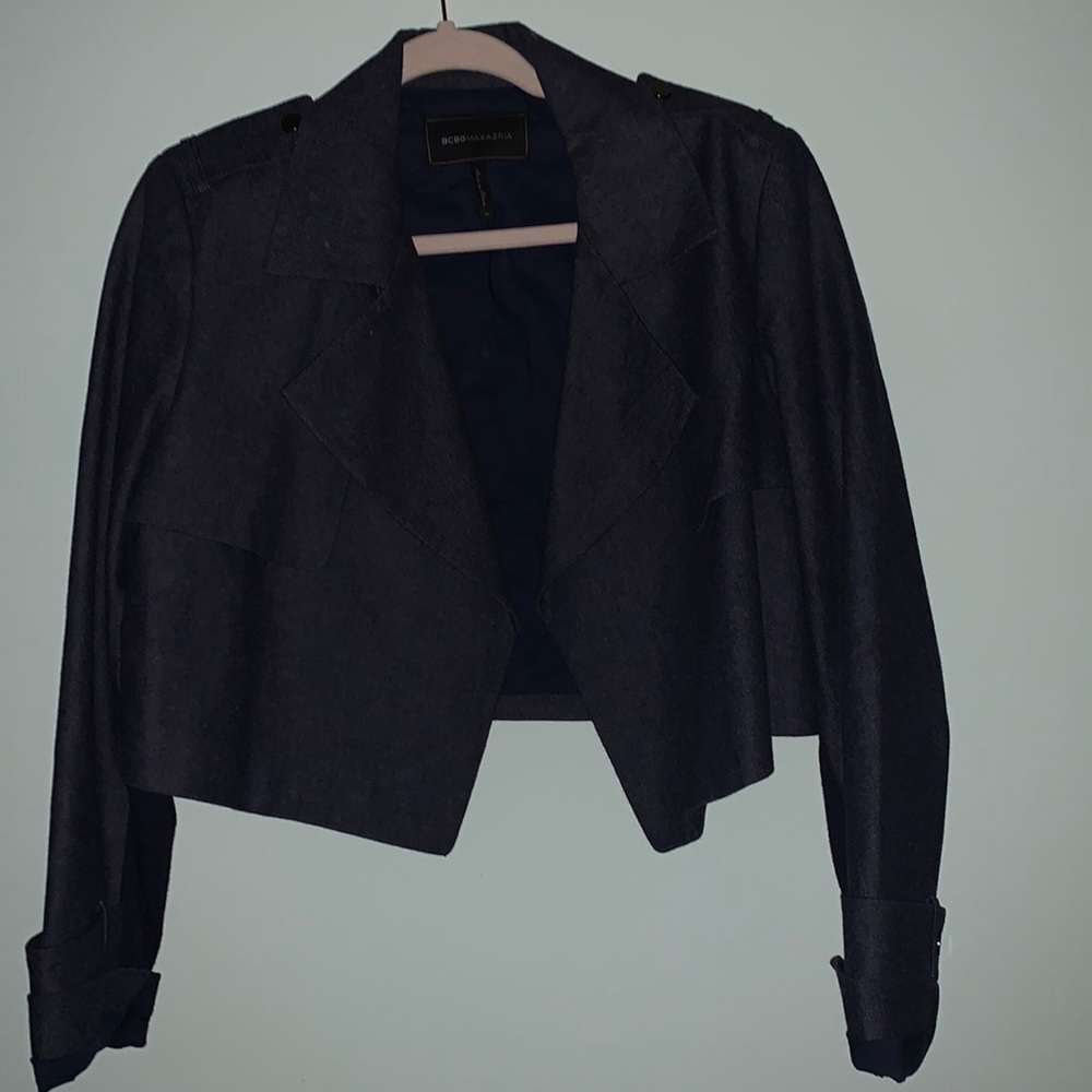 BCBG cropped denim jacket, size M. Like new.